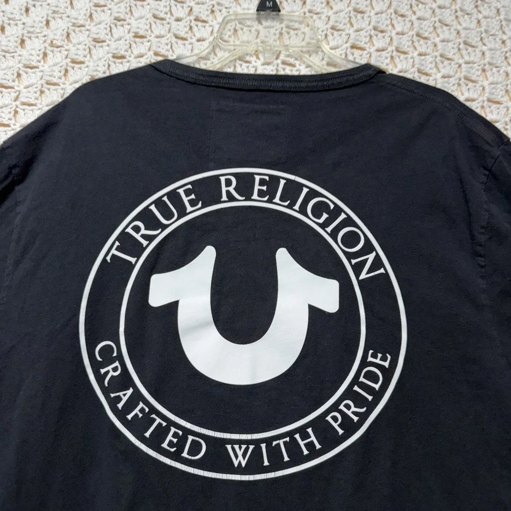 True Religion T-Shirt Mens 2XL Black Cotton White Graphic Short Sleeve Crew Neck